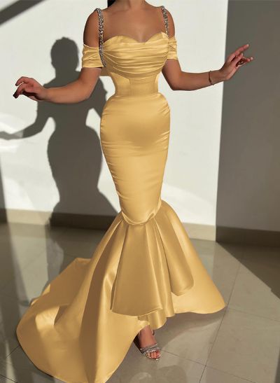 Trumpet/Mermaid Off-The-Shoulder Sleeveless Satin Prom Dresses With Rhinestone