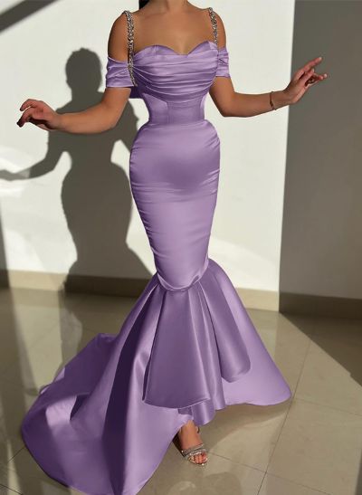 Trumpet/Mermaid Off-The-Shoulder Sleeveless Satin Prom Dresses With Rhinestone