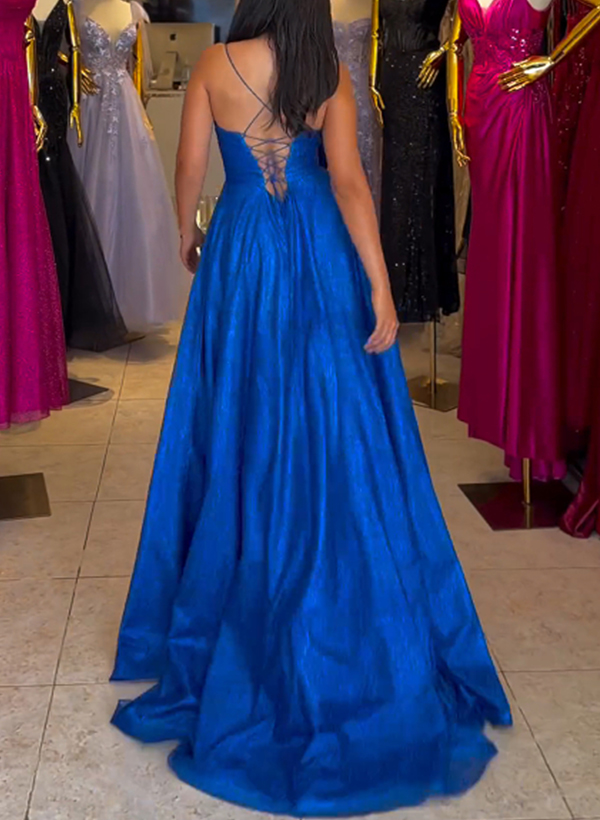 A-Line Sweetheart Sleeveless Sequined Prom Dresses With Split Front