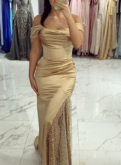 Off-The-Shoulder Sleeveless Sweep Train Sequined Prom Dresses