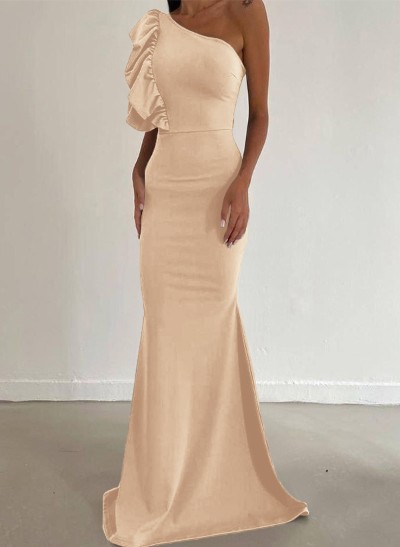 Sheath/Column One-Shoulder Sleeveless Elastic Satin Prom Dresses With Ruffle