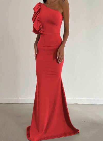 Sheath/Column One-Shoulder Sleeveless Elastic Satin Prom Dresses With Ruffle