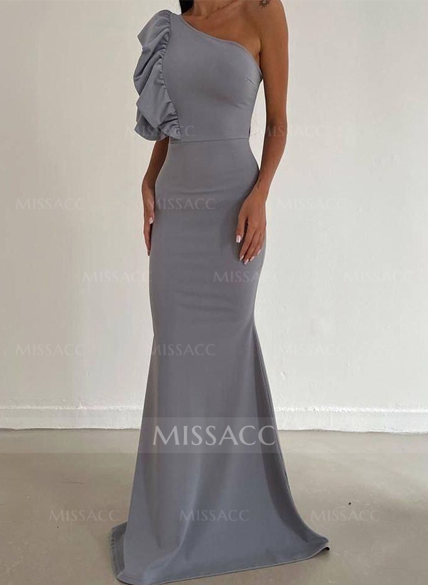 Sheath/Column One-Shoulder Sleeveless Elastic Satin Prom Dresses With Ruffle