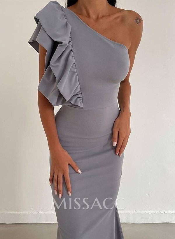 Sheath/Column One-Shoulder Sleeveless Elastic Satin Prom Dresses With Ruffle Sheath/Column One-Shoulder Sleeveless Elastic Satin Prom Dresses With Ruffle
