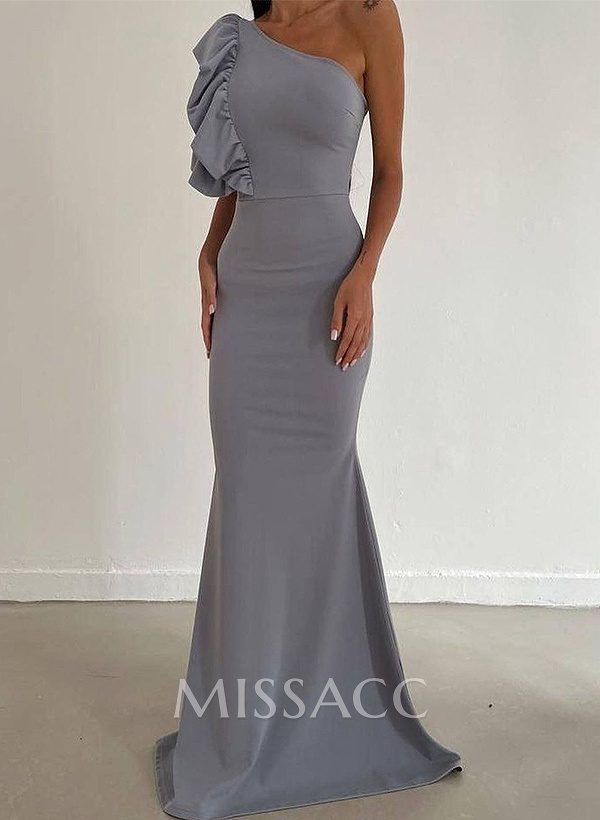 Sheath/Column One-Shoulder Sleeveless Elastic Satin Prom Dresses With Ruffle Sheath/Column One-Shoulder Sleeveless Elastic Satin Prom Dresses With Ruffle