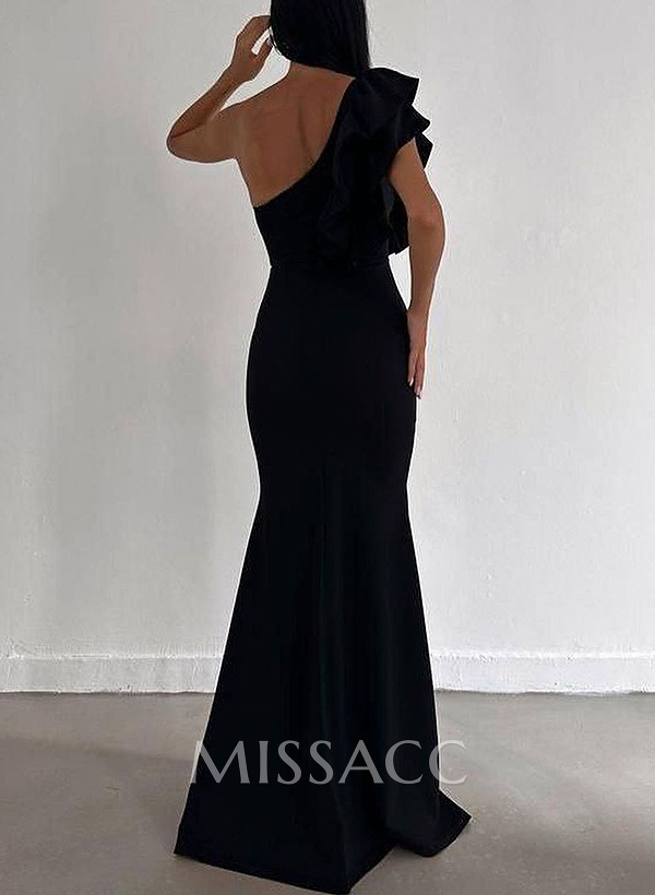 Sheath/Column One-Shoulder Sleeveless Elastic Satin Prom Dresses With Ruffle Sheath/Column One-Shoulder Sleeveless Elastic Satin Prom Dresses With Ruffle