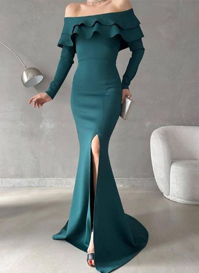 Trumpet/Mermaid Off-The-Shoulder Elastic Satin Prom Dresses With Cascading Ruffles
