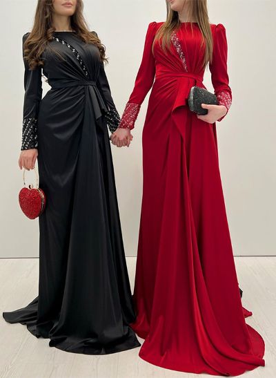 A-Line Scoop Neck Long Sleeves Silk Like Satin Prom Dresses With Ruffle