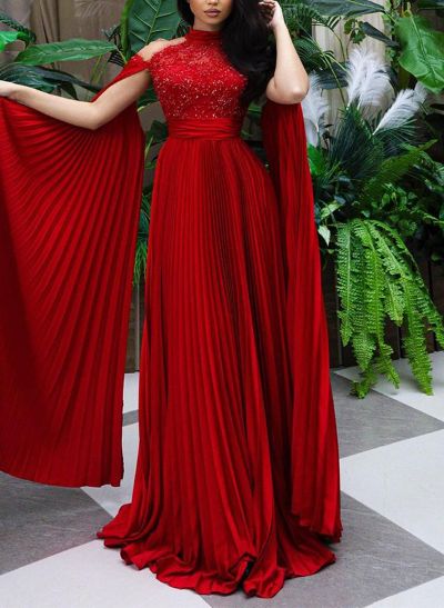 A-Line Halter Sleeveless Sweep Train Sequined Prom Dresses With Pleated