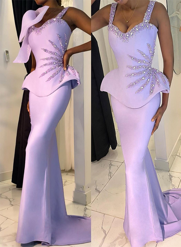 Sheath/Column Sweetheart Sleeveless Satin Prom Dresses With Rhinestone