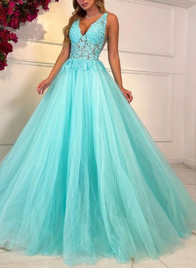 Ball-Gown V-Neck Sleeveless Tulle Prom Dresses With Appliques Lace