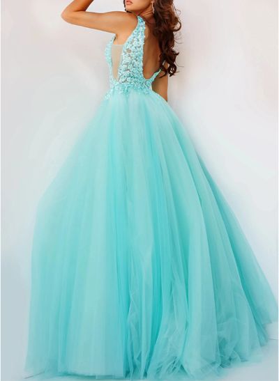 Ball-Gown V-Neck Sleeveless Tulle Prom Dresses With Appliques Lace