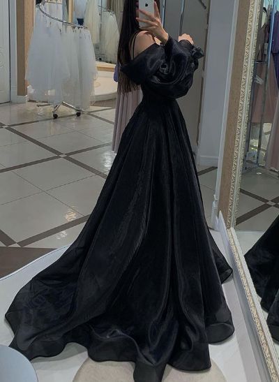 A-Line Off-The-Shoulder Long Sleeves Sweep Train Organza Prom Dresses