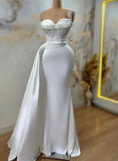Sheath/Column One-Shoulder Sleeveless Silk Like Satin Prom Dresses With Beading