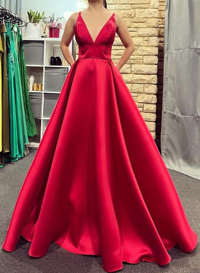 A-Line V-Neck Sleeveless Floor-Length Silk Like Satin Prom Dresses