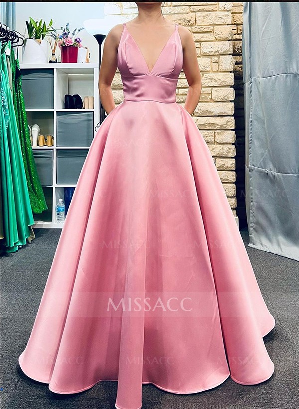 A-Line V-Neck Sleeveless Floor-Length Silk Like Satin Prom Dresses