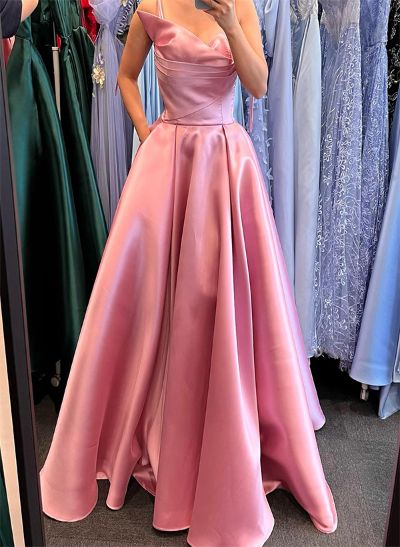 A-Line Sleeveless Floor-Length Satin Prom Dresses