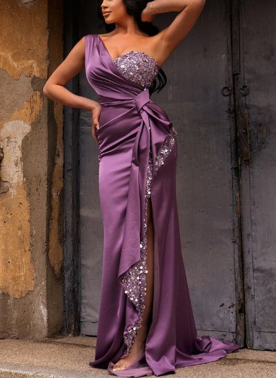 Sheath/Column One-Shoulder Sleeveless Sequined Prom Dresses With Split Front