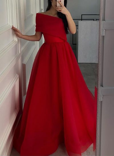 A-Line One-Shoulder Sleeveless Floor-Length Organza Prom Dresses