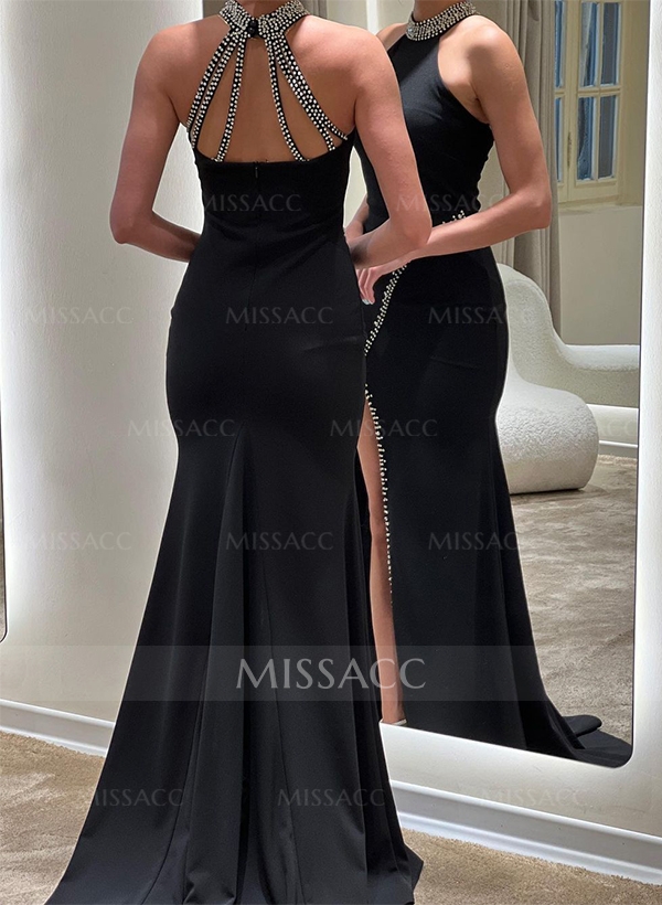 Sheath/Column Halter Sleeveless Elastic Satin Prom Dresses With Rhinestone