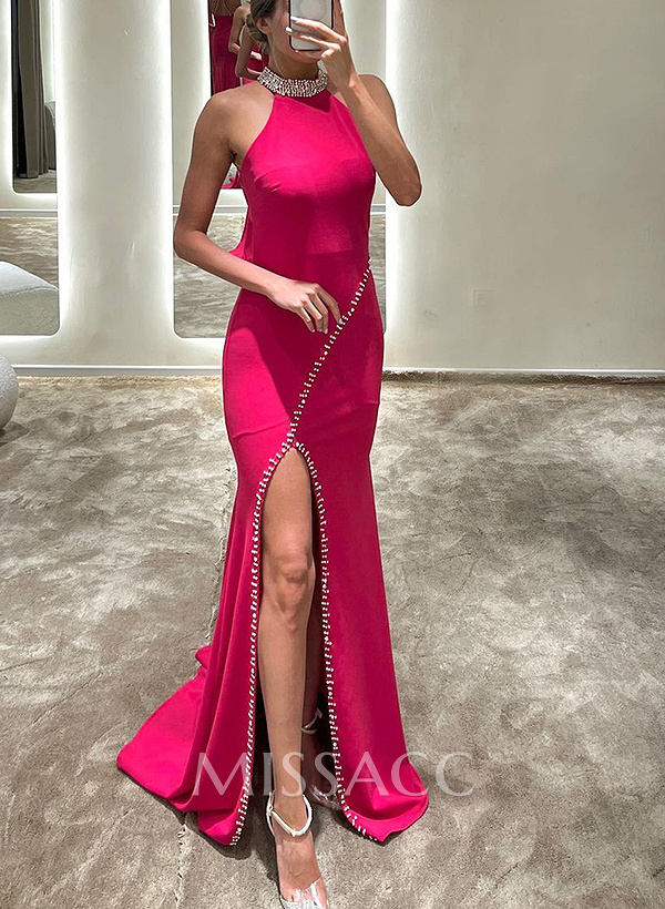 Sheath/Column Halter Sleeveless Elastic Satin Prom Dresses With Rhinestone Sheath/Column Halter Sleeveless Elastic Satin Prom Dresses With Rhinestone