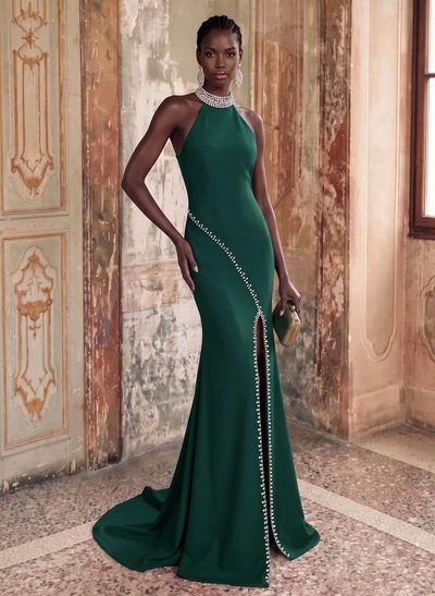 Sheath/Column Halter Sleeveless Elastic Satin Prom Dresses With Rhinestone