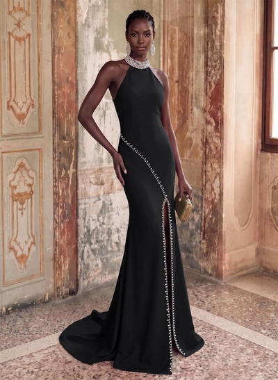Sheath/Column Halter Sleeveless Elastic Satin Prom Dresses With Rhinestone