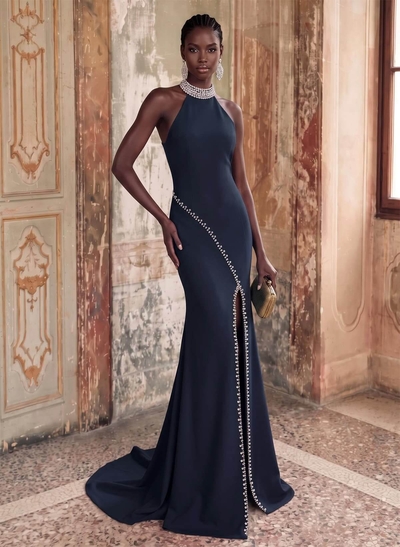 Sheath/Column Halterneck Sleeveless Stretch Satin Prom Dress With Diamanté