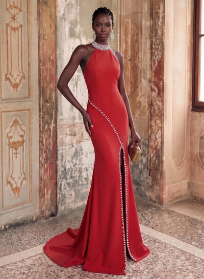 Sheath/Column Halterneck Sleeveless Stretch Satin Prom Dress With Diamanté
