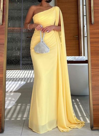 Sheath/Column One-Shoulder Sleeveless Floor-Length Chiffon Prom Dresses