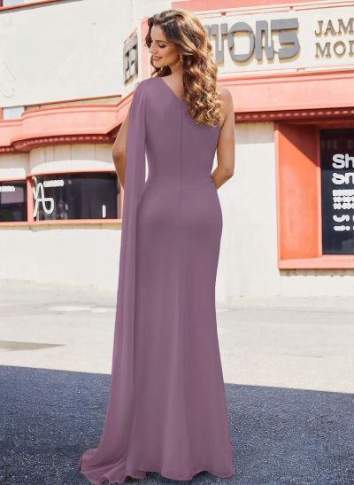 Sheath/Column One-Shoulder Sleeveless Floor-Length Chiffon Prom Dresses