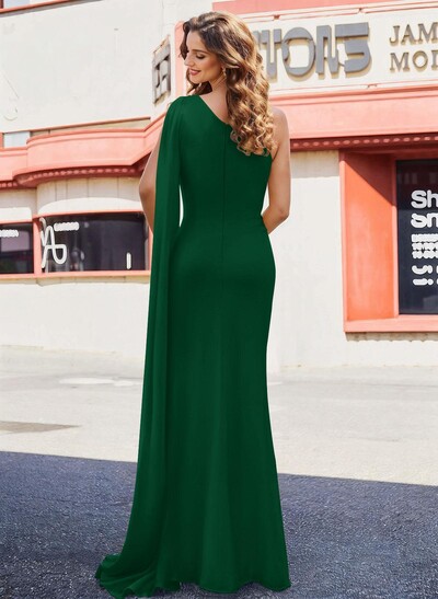 Unique Riched One-Shoulder Chiffon Prom Dresses With Shoulder Side Drape