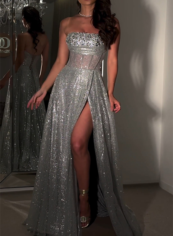 A-Line Strapless Sleeveless Sequined Prom Dresses With Split Front