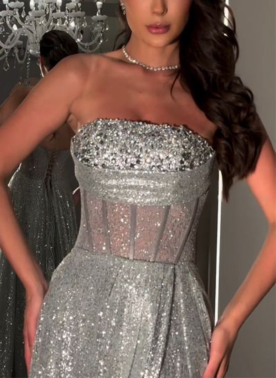A-Line Strapless Sleeveless Sequined Prom Dresses With Split Front