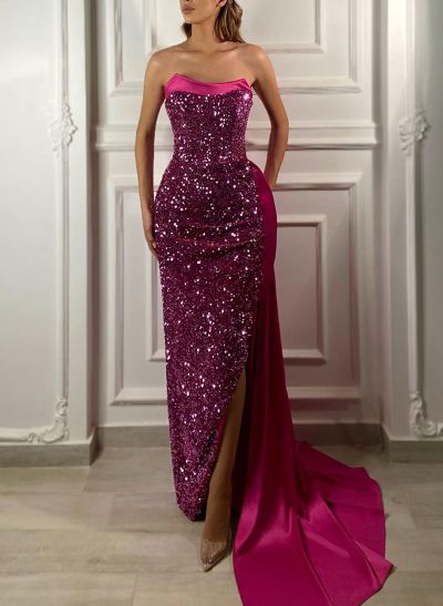 Sheath/Column Sleeveless Sequined Prom Dresses With Split Front