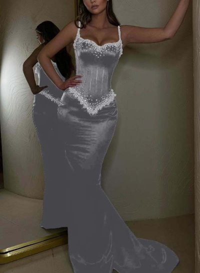 Sparkly Fitted Glitter Spaghetti Straps Trumpet Prom Dresses With Corset