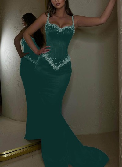 Sparkly Fitted Glitter Spaghetti Straps Trumpet Prom Dresses With Corset