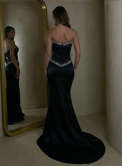 Sparkly Fitted Glitter Spaghetti Straps Trumpet Prom Dresses With Corset
