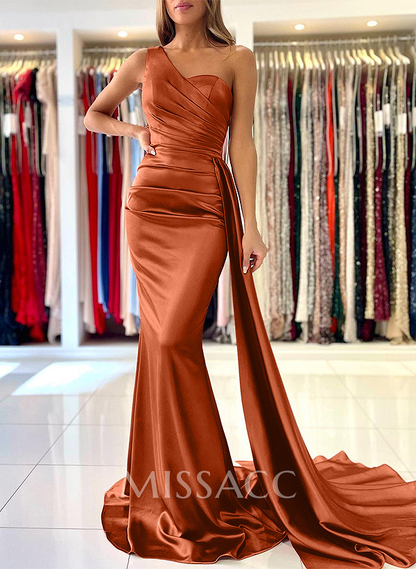 Sheath/Column One-Shoulder Sleeveles Silk Like Satin Prom Dresses