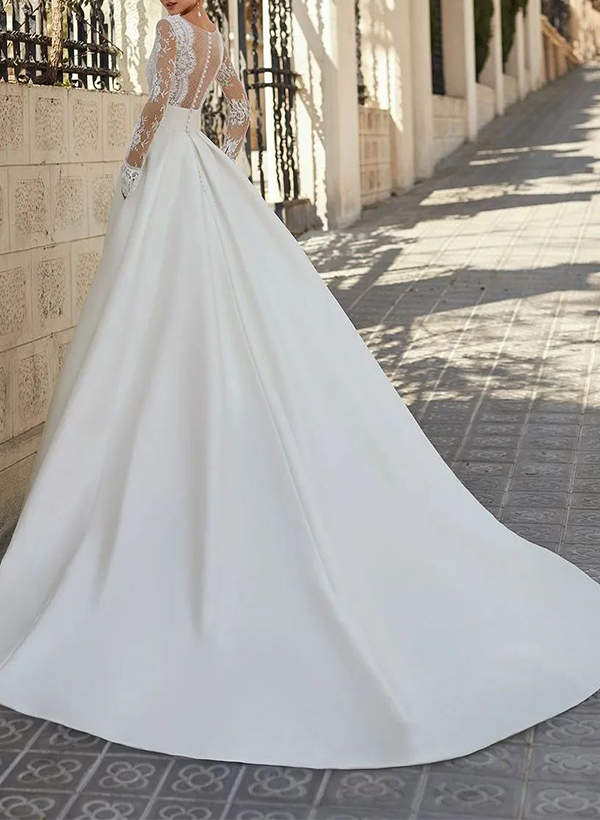 A-Line V-Neck Long Sleeves Sweep Wedding Dresses With Pockets