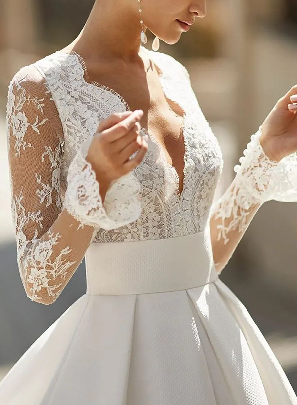 A-Line V-Neck Long Sleeves Sweep Wedding Dresses With Pockets