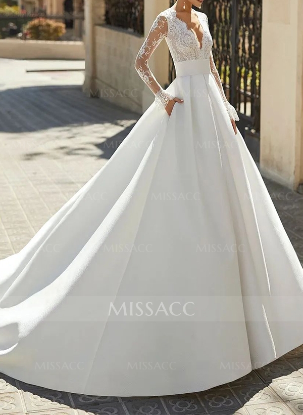 A-Line V-Neck Long Sleeves Sweep Wedding Dresses With Pockets