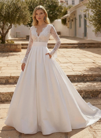 A-Line V-Neck Long Sleeves Sweep Wedding Dresses With Pockets