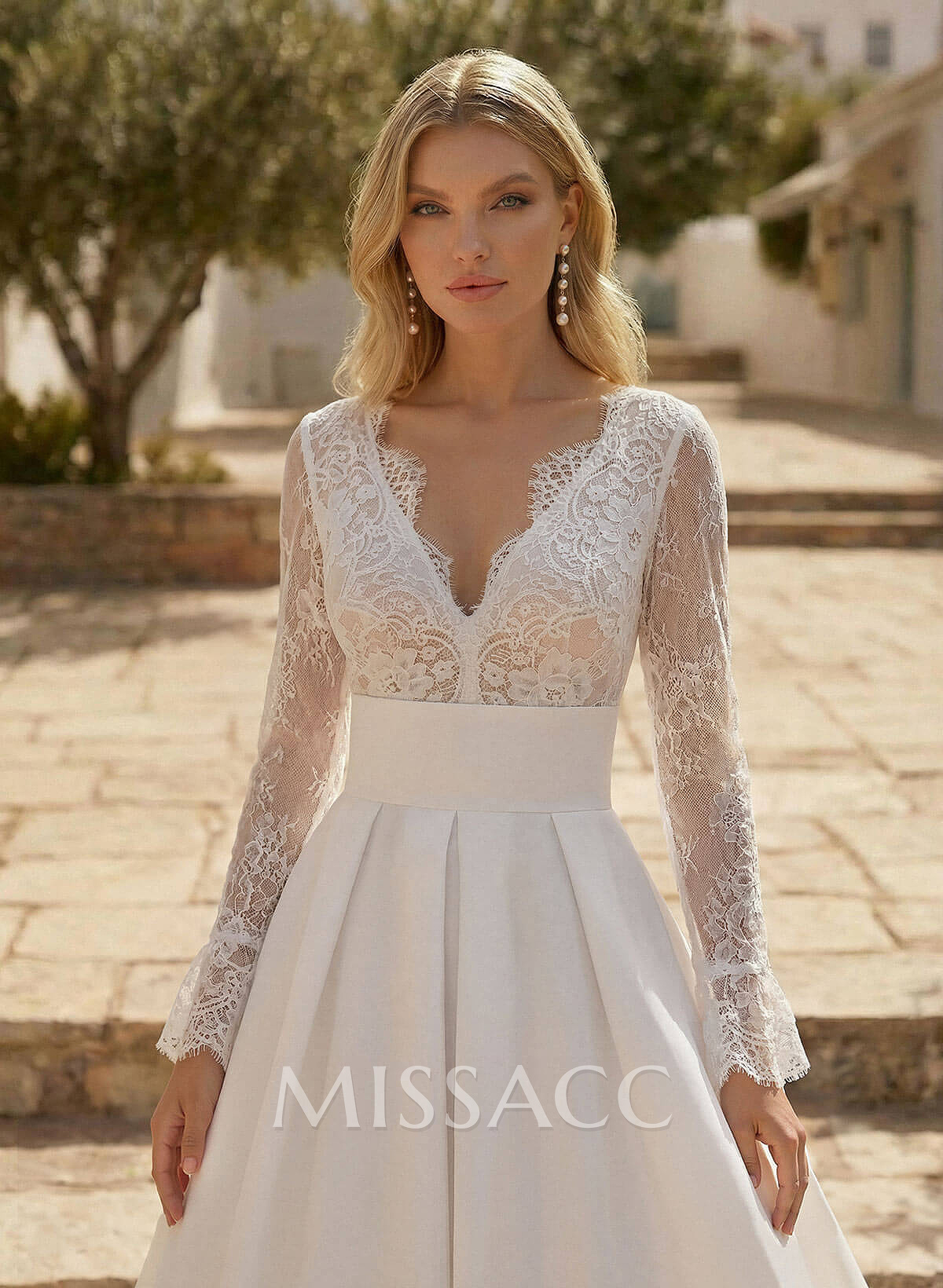 A-Line V-Neck Long Sleeves Sweep Wedding Dresses With Pockets A-Line V-Neck Long Sleeves Sweep Wedding Dresses With Pockets