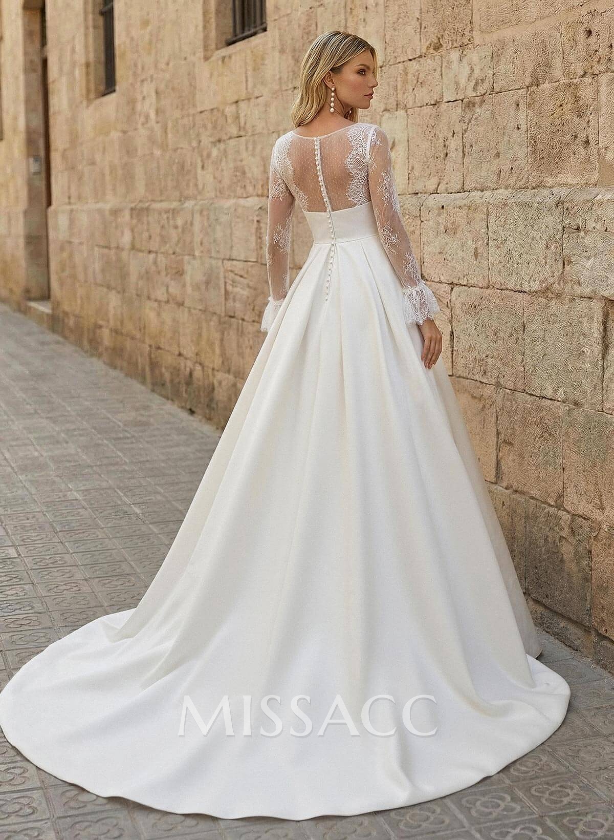 A-Line V-Neck Long Sleeves Sweep Wedding Dresses With Pockets A-Line V-Neck Long Sleeves Sweep Wedding Dresses With Pockets