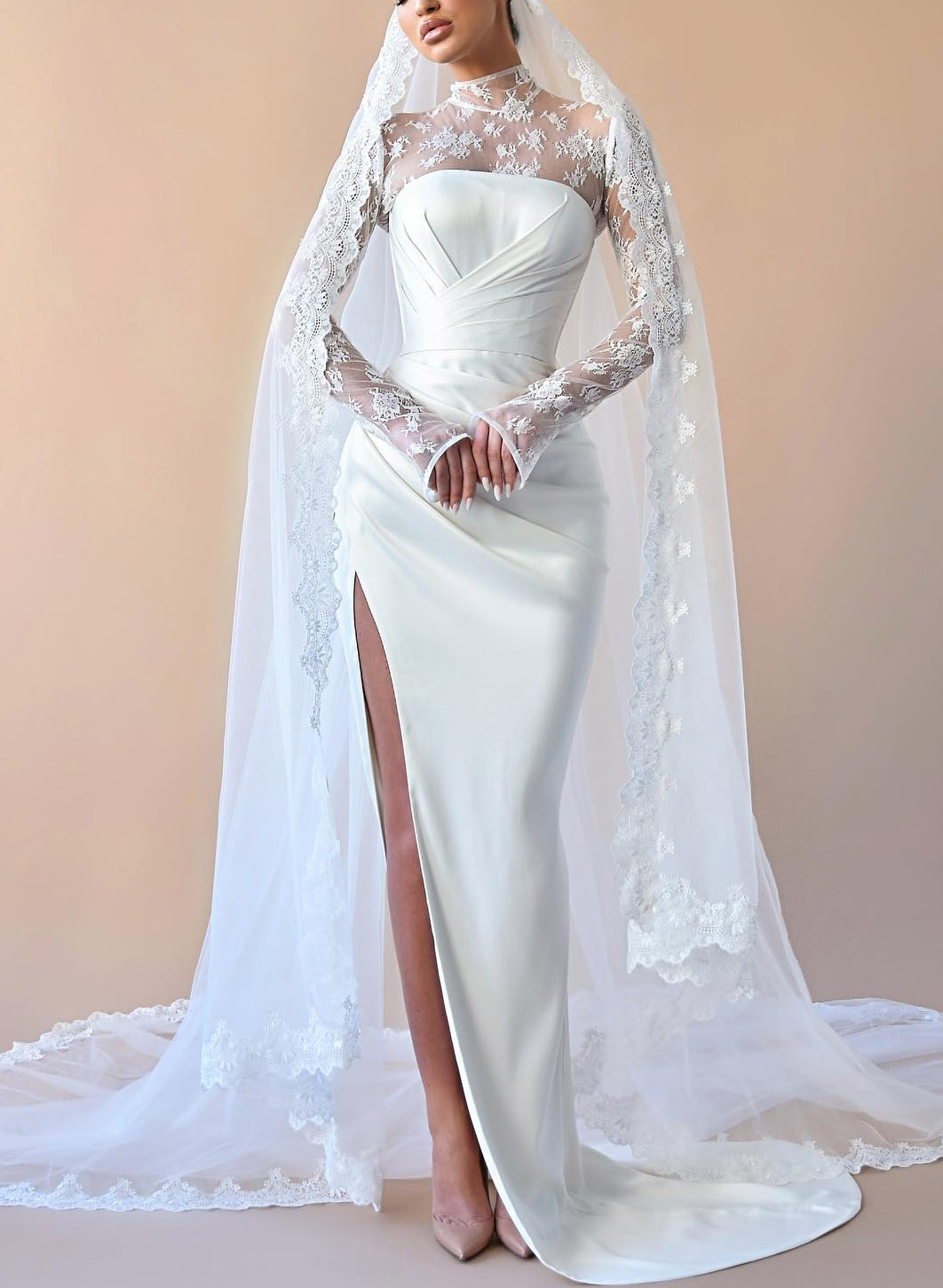High Neck Lace Long Sleeves Satin Wedding Dresses