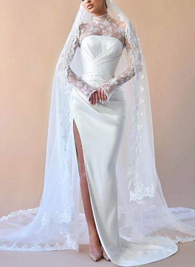 High Neck Lace Long Sleeves Satin Wedding Dresses