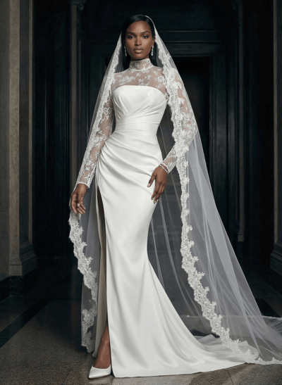 High Neck Lace Long Sleeves Satin Wedding Dresses