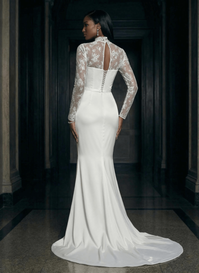 High Neck Lace Long Sleeves Satin Wedding Dresses