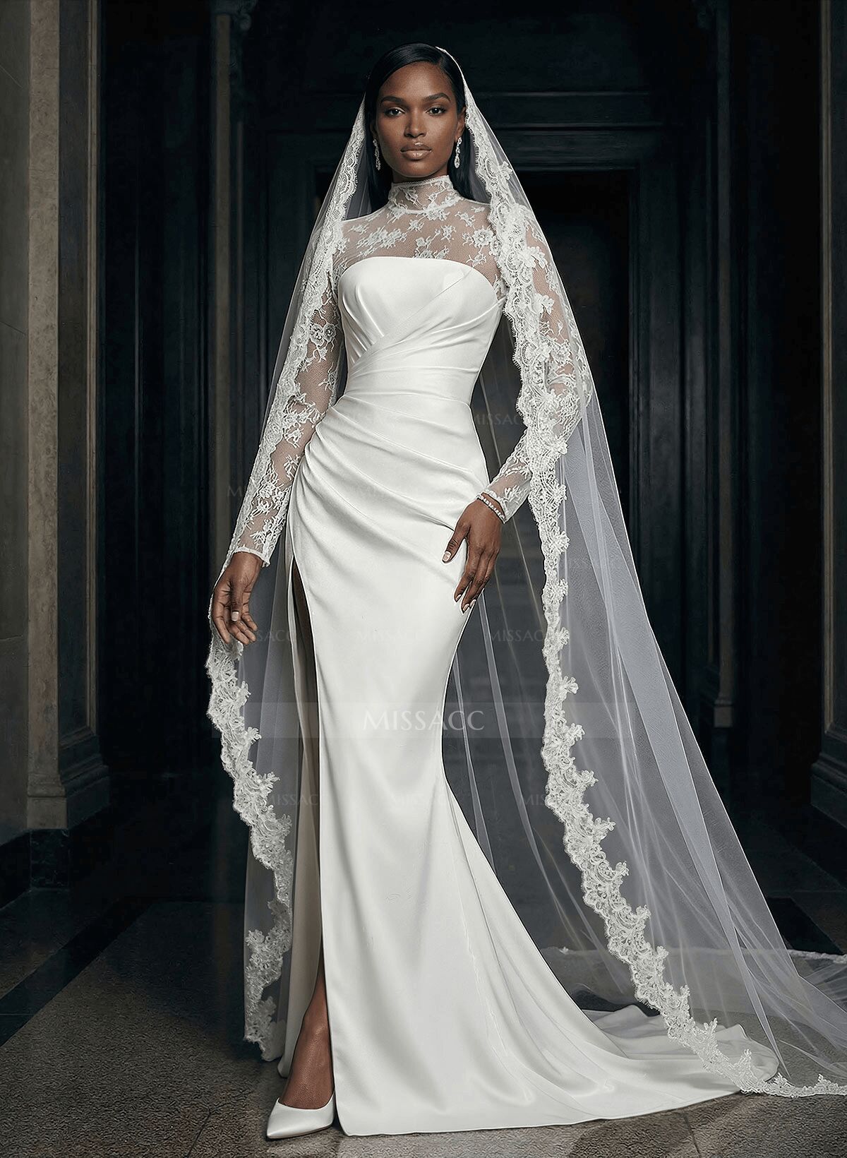 High Neck Lace Long Sleeves Satin Wedding Dresses